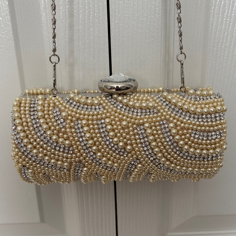 Pearl-Embellished Evening Clutch with Crystal Accent - Ivory/Champagne